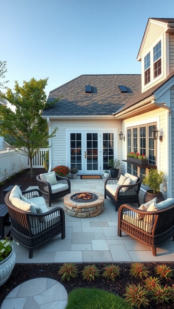 Cozy outdoor patio with a fire pit surrounded by chairs, showcasing a beautiful cape cod house design.