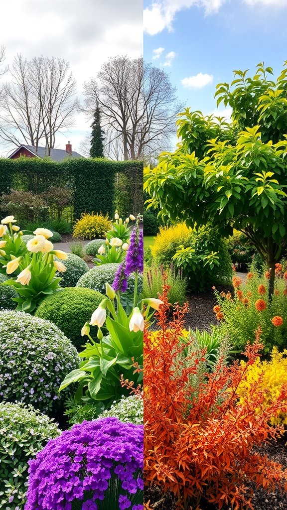 A split image showing a garden in spring with colorful flowers on one side, and a garden in fall with warm-colored foliage on the other.