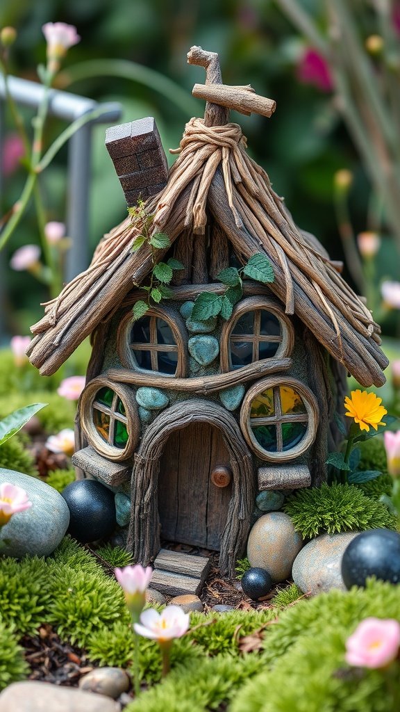 A whimsical fairy house made from natural materials, featuring a twig roof, stone windows, and surrounded by flowers and moss.