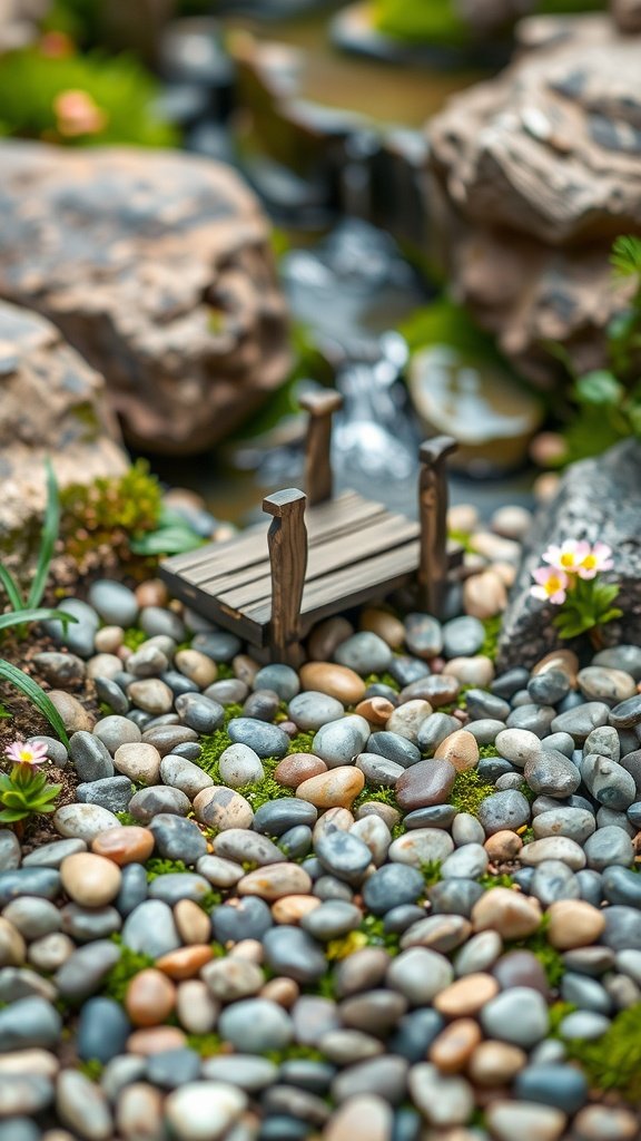 A miniature wooden bridge over smooth pebbles with small flowers and greenery