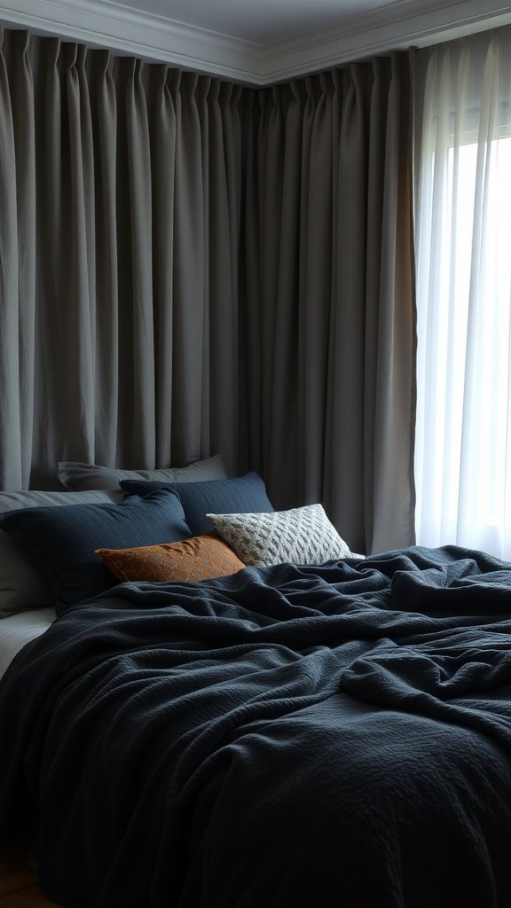Cozy dark nature aesthetic bedroom with layered textiles in dark hues