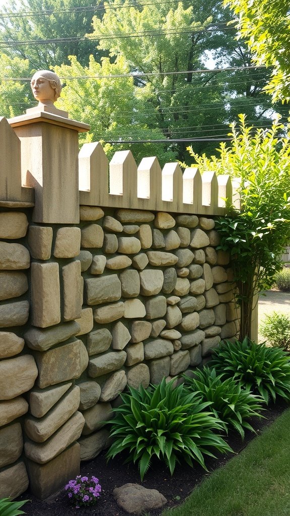 A sturdy stone wall topped with a decorative feature, surrounded by lush greenery and flowers.