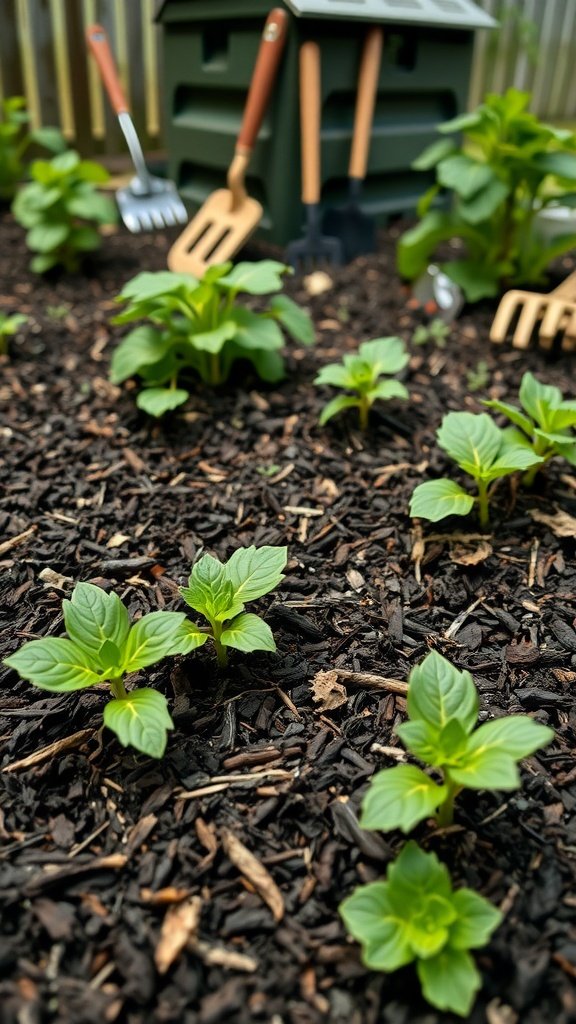 A garden with green plants growing through dark compost mulch, with gardening tools in the background.