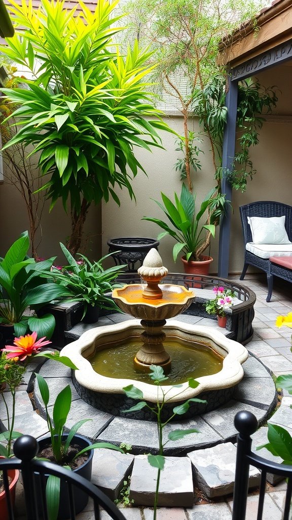 A charming patio with a stone fountain surrounded by green plants and colorful flowers.