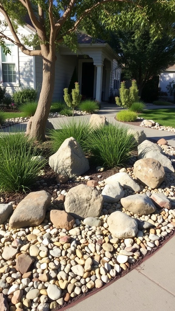 Decorative rocks and plants in a landscaped front yard.