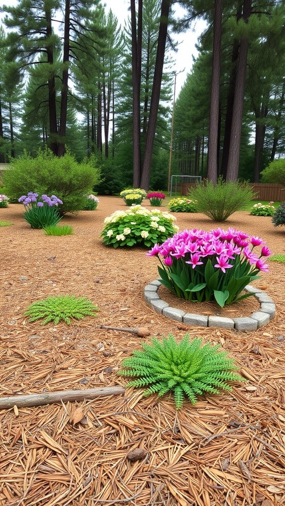 A colorful garden surrounded by pine needle mulch featuring various flowers and lush greenery.