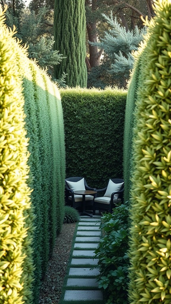 A serene garden space surrounded by tall green hedges, featuring a small seating area with two chairs and a table.