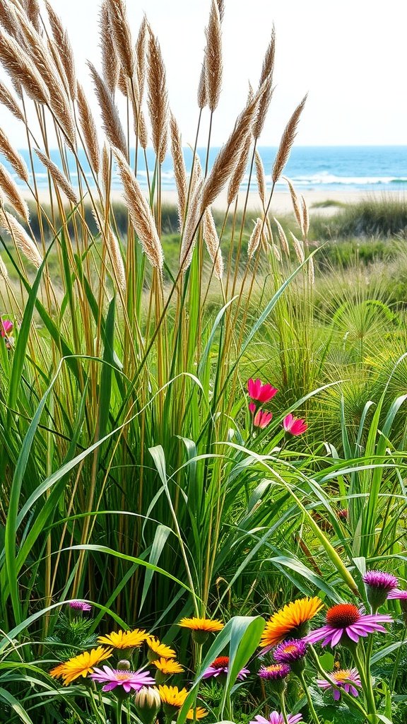 Coastal grasses with golden plumes and colorful flowers in a seaside landscape