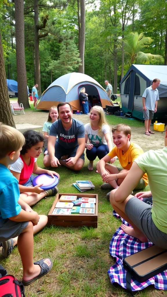Friends enjoying a campfire and games at a festival camping setup