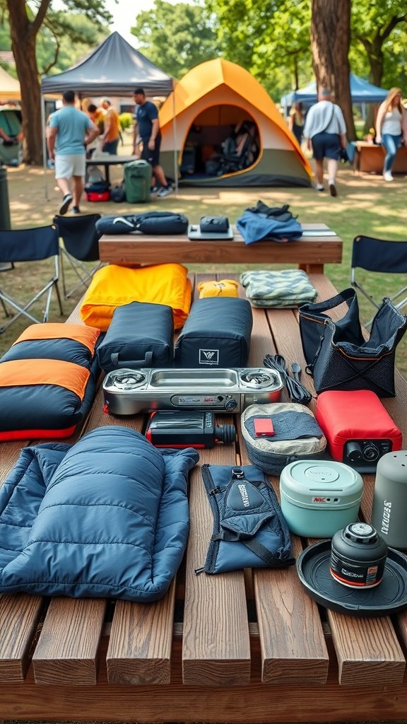 A table with camping gear including sleeping bags, a stove, and camping chairs, set up for a festival.