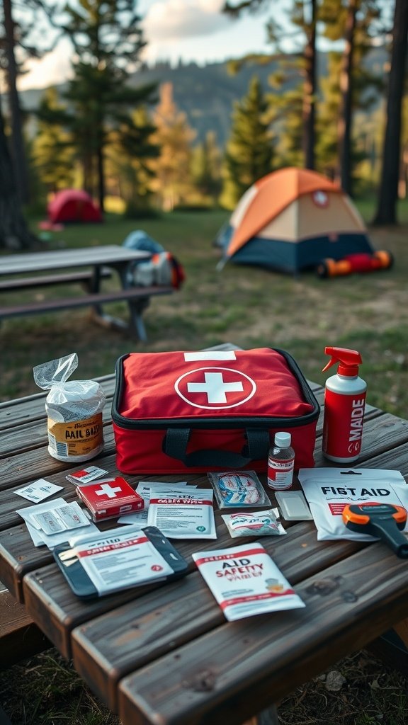 A well-organized first aid kit on a picnic table with camping tents in the background.
