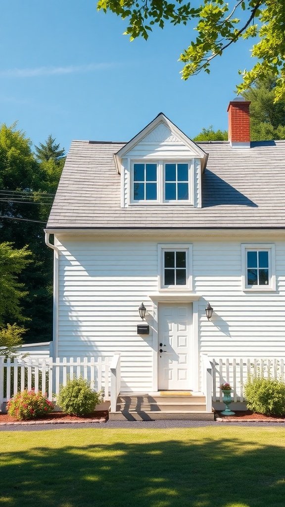 A classic Cape Cod house exterior without dormers, featuring a white facade, a front porch, and a neatly maintained lawn.