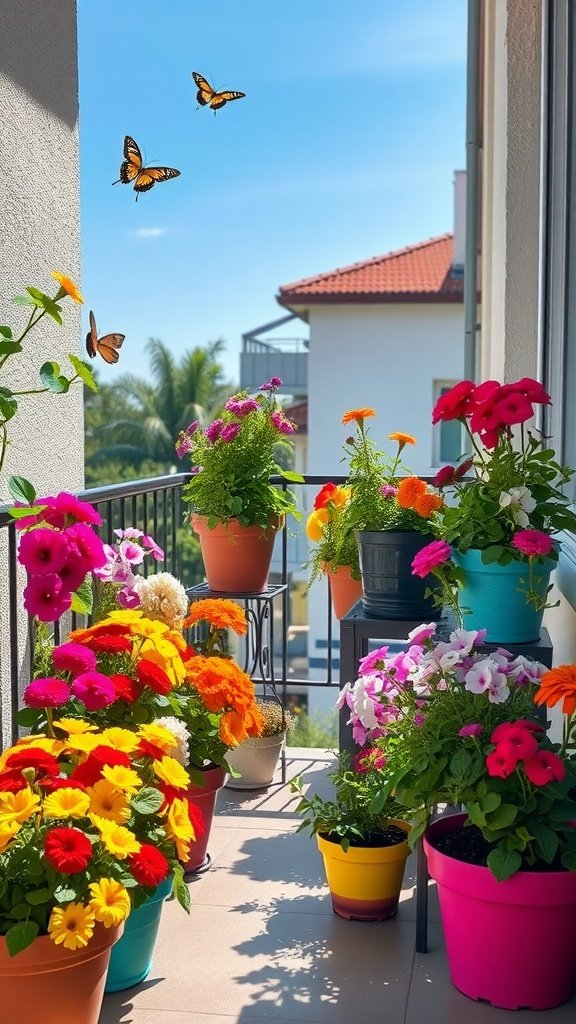 A colorful balcony garden filled with various flowers and butterflies.