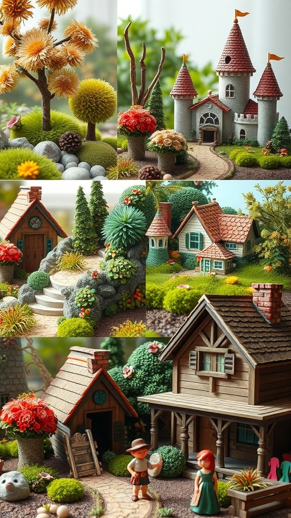 A vibrant fairy garden with colorful flowers, whimsical houses, and charming figures.