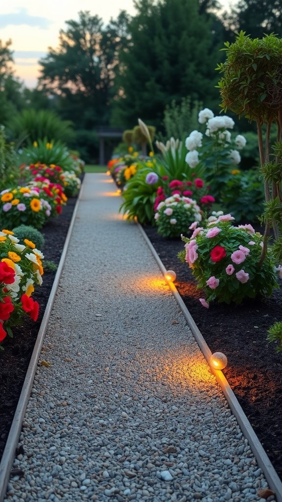 A gravel pathway surrounded by colorful flowers with lights along the edges.