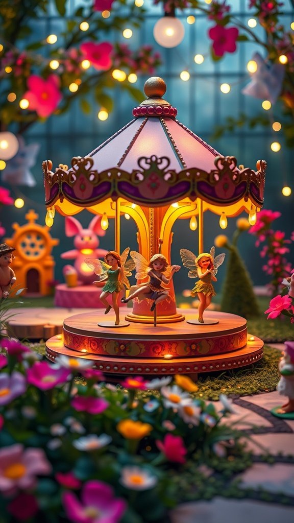 A whimsical fairy garden carousel with fairy figurines, surrounded by flowers and fairy lights.