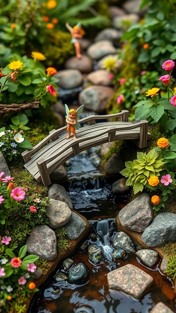 A small wooden bridge in a fairy garden, surrounded by colorful flowers and a stream.