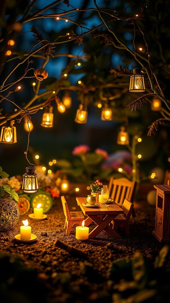 A cozy fairy garden setting with string lights and lanterns illuminating the space.