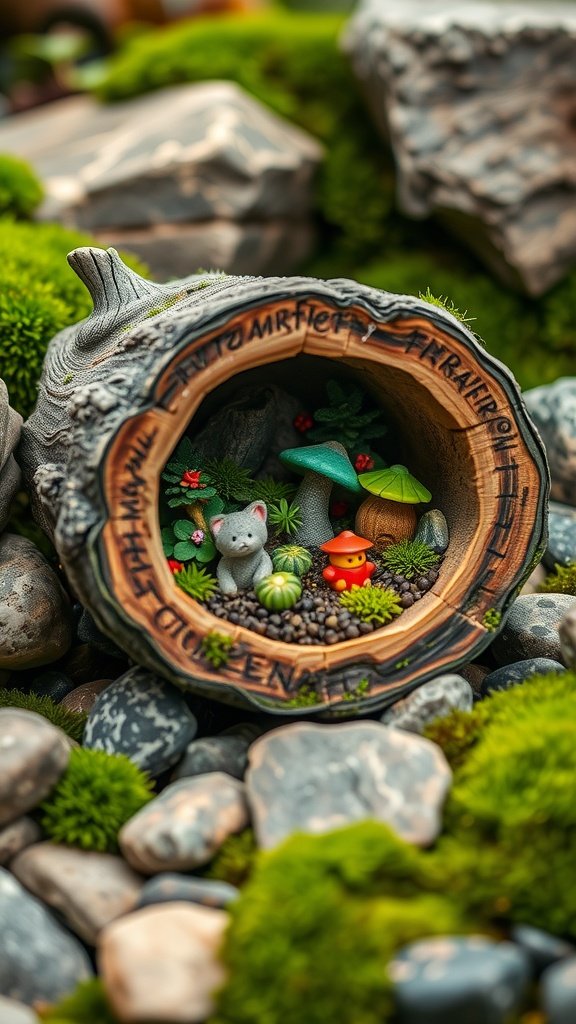 A whimsical fairy garden scene inside a hollow log, featuring small characters, mushrooms, and greenery.