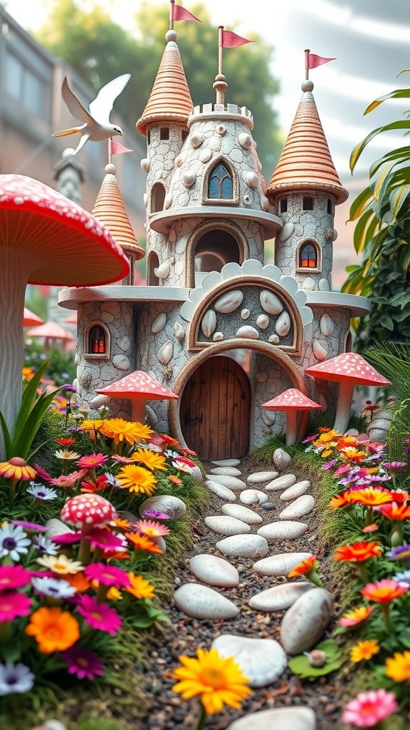 A whimsical fairy garden featuring a detailed castle surrounded by colorful flowers and mushrooms.