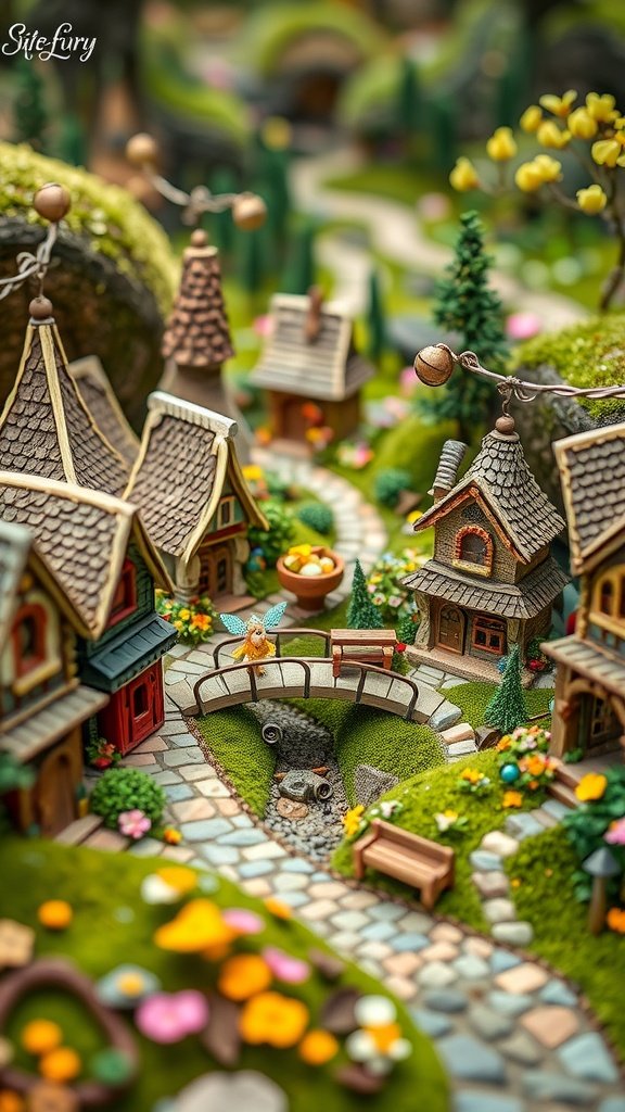 A detailed miniature fairy village with tiny houses, flowers, and a bridge over a stream.