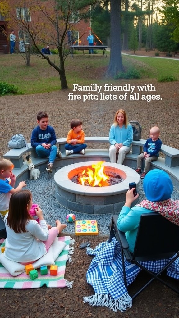 Family gathered around a fire pit with children playing and adults relaxing.