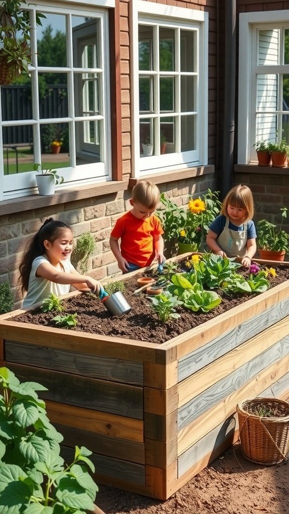 Children gardening in a raised bed, smiling and planting together.