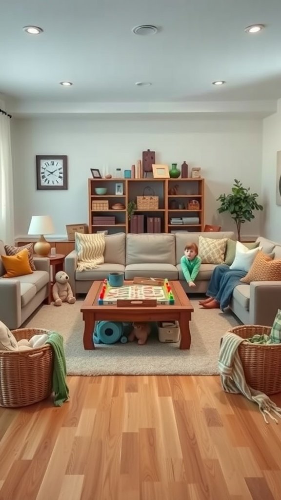 Cozy family-friendly living room with a large sofa, coffee table, and baskets for toys.