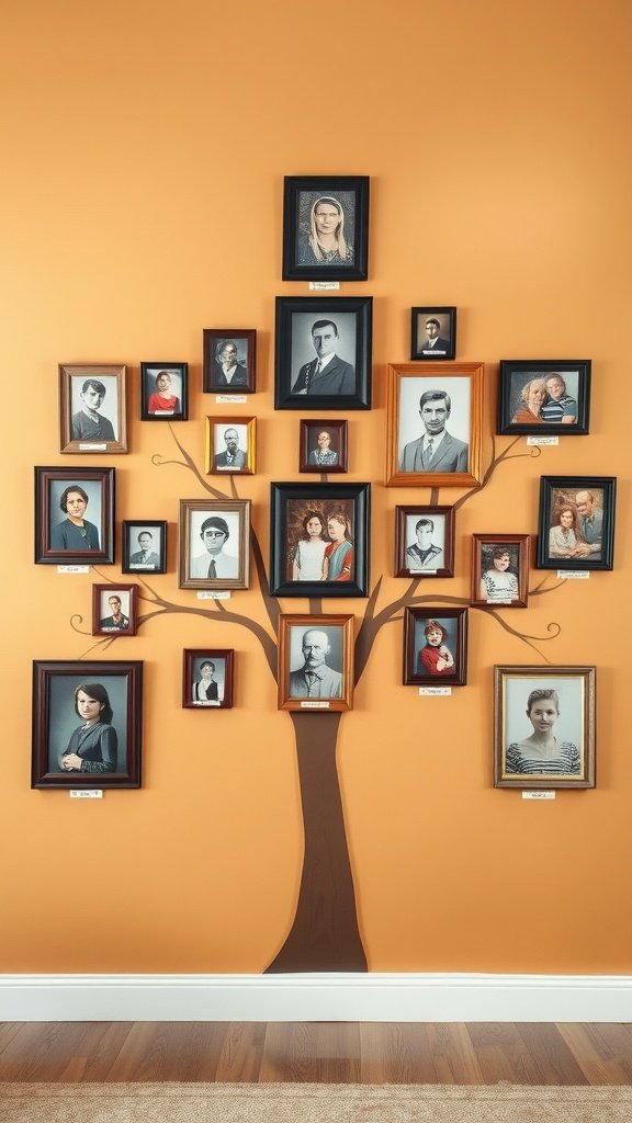 A family tree photo wall with framed portraits on an orange background, illustrating genealogy.