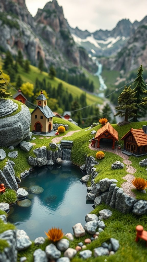 A miniature fairy garden with cottages, a pond, and mountains in the background.