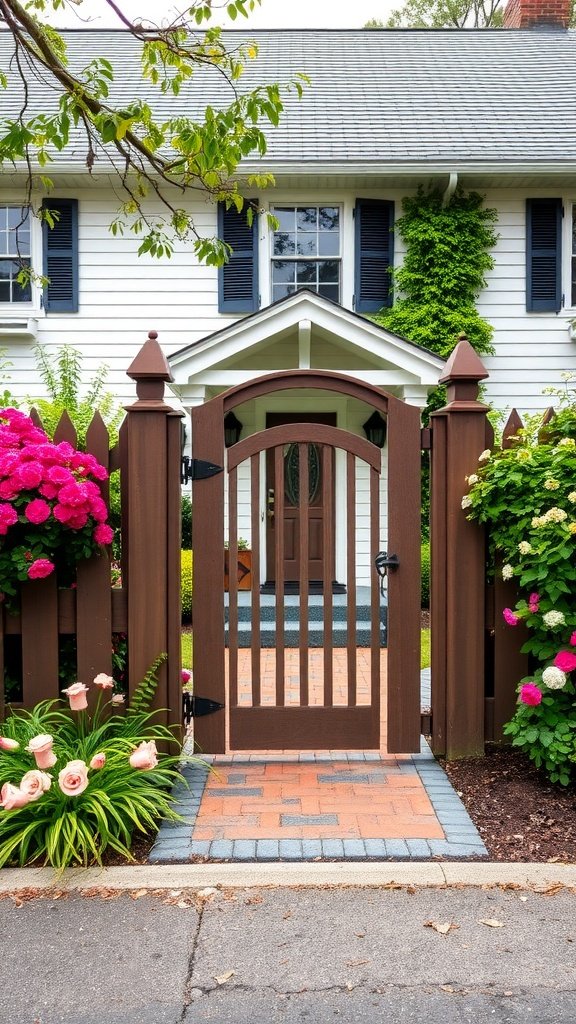 A charming wooden gate surrounded by colorful flowers leading to a luxury Cape Cod house.