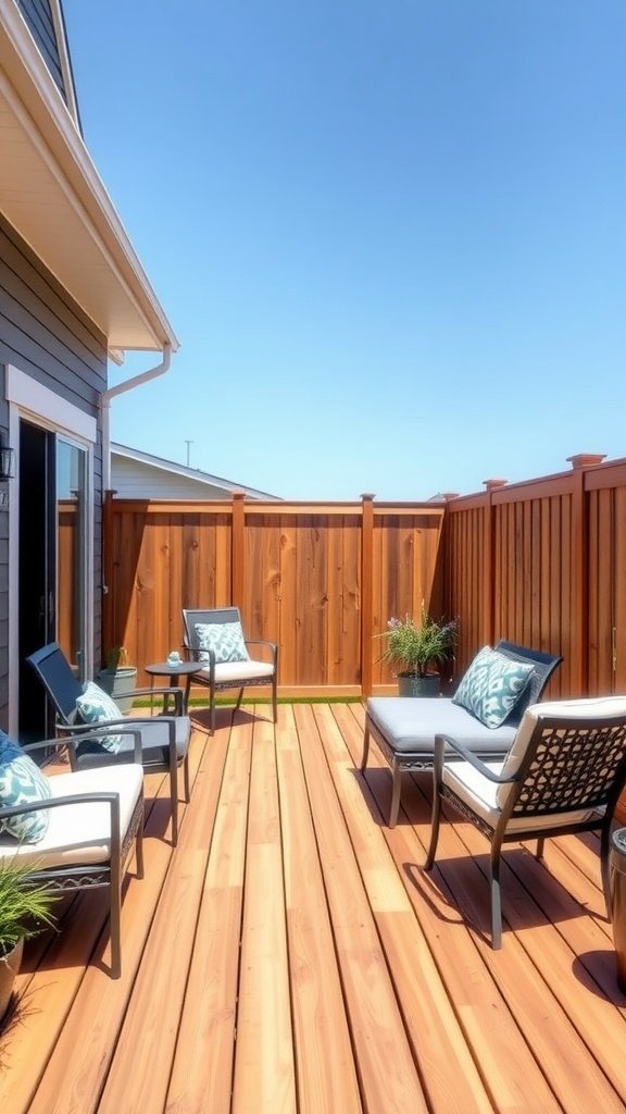 A cozy deck area with wooden fencing, comfortable seating, and plants.