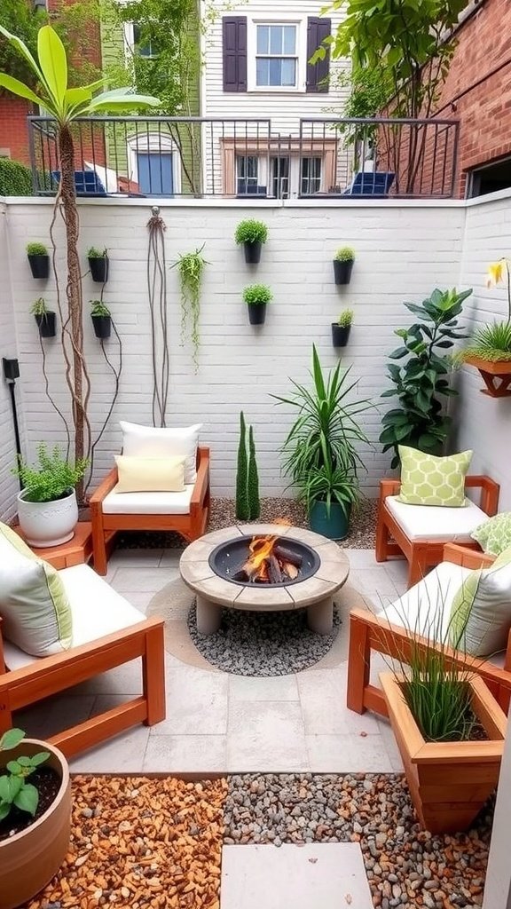 Cozy small outdoor space with a fire pit surrounded by wooden chairs and greenery.