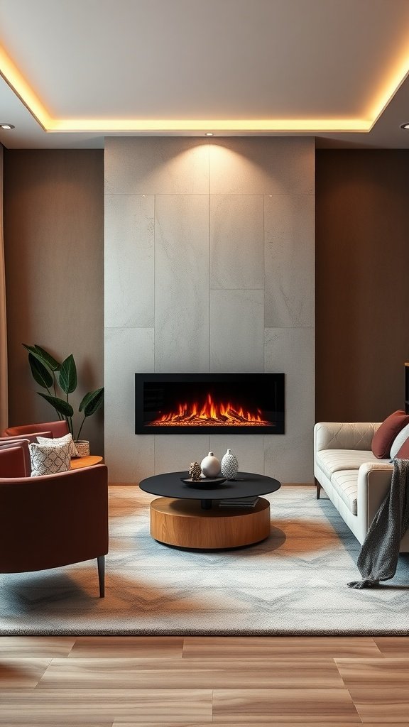 A modern electric fireplace integrated into a stylish living room setting, featuring cozy seating and decorative elements.