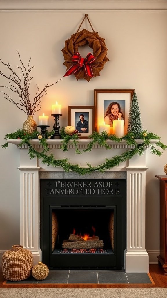 Stylish fireplace mantel with wreath, candles, and decorative elements for a cozy atmosphere.