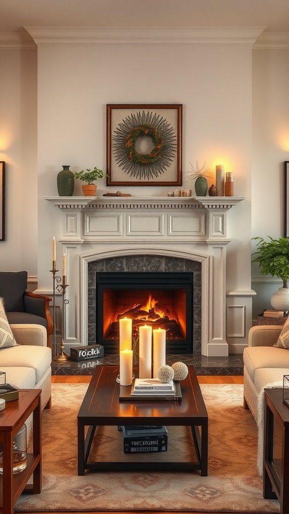 A cozy living room featuring a fireplace with candles and decorative elements, creating a warm atmosphere.