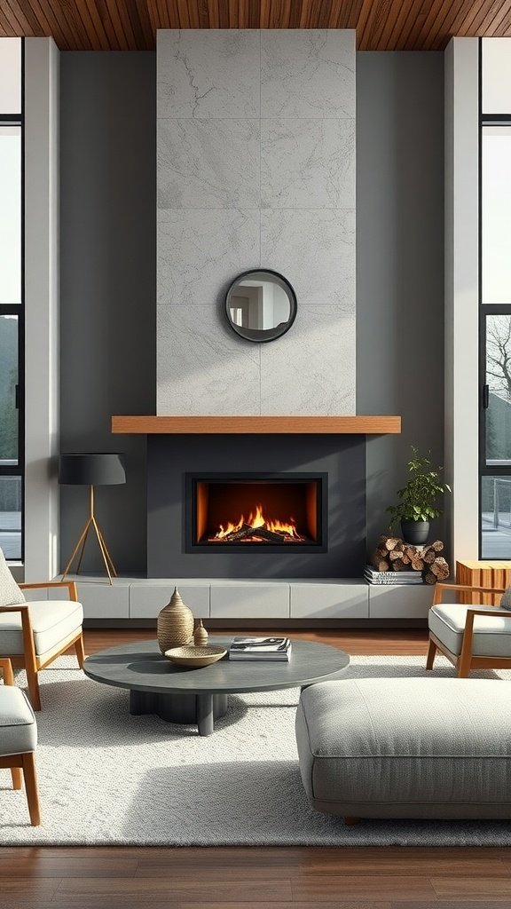 A modern fireplace with a sleek design featuring a stone surround and wooden mantel.