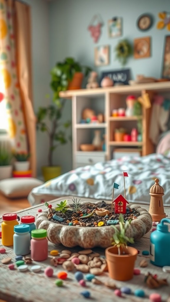 A cozy indoor table with a DIY fairy garden, featuring colorful paints, a miniature landscape, and decorative items.