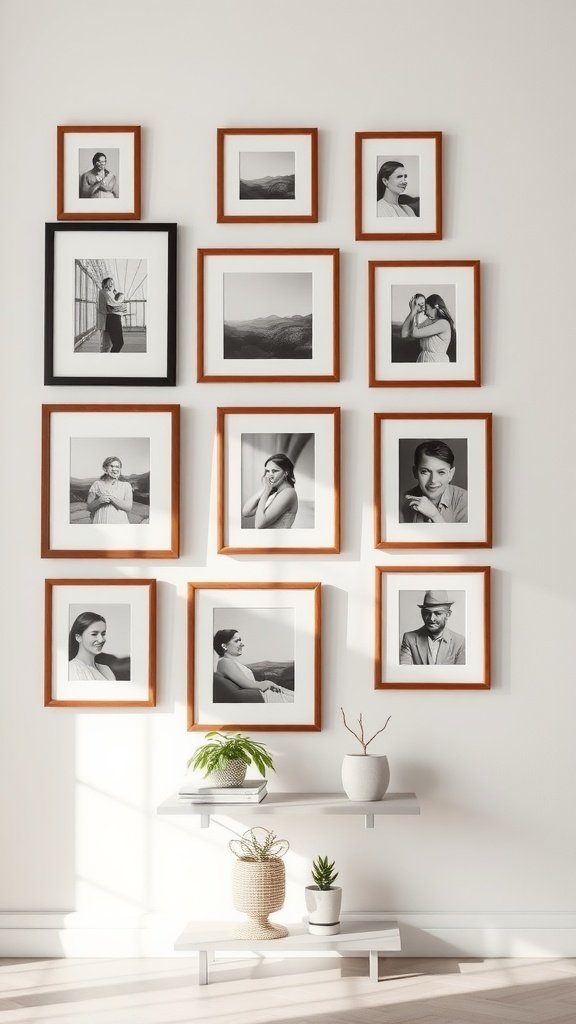 A collection of framed black-and-white photographs arranged on a light wall, with plants on shelves below.