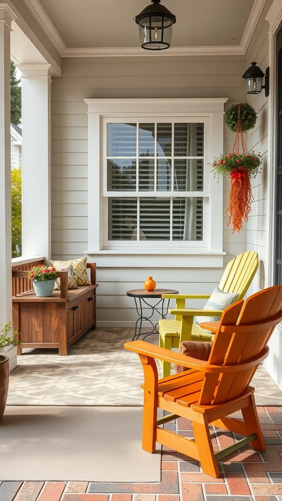 Colorful porch furniture including an orange chair, green chair, wooden bench, and a small table on a front porch.