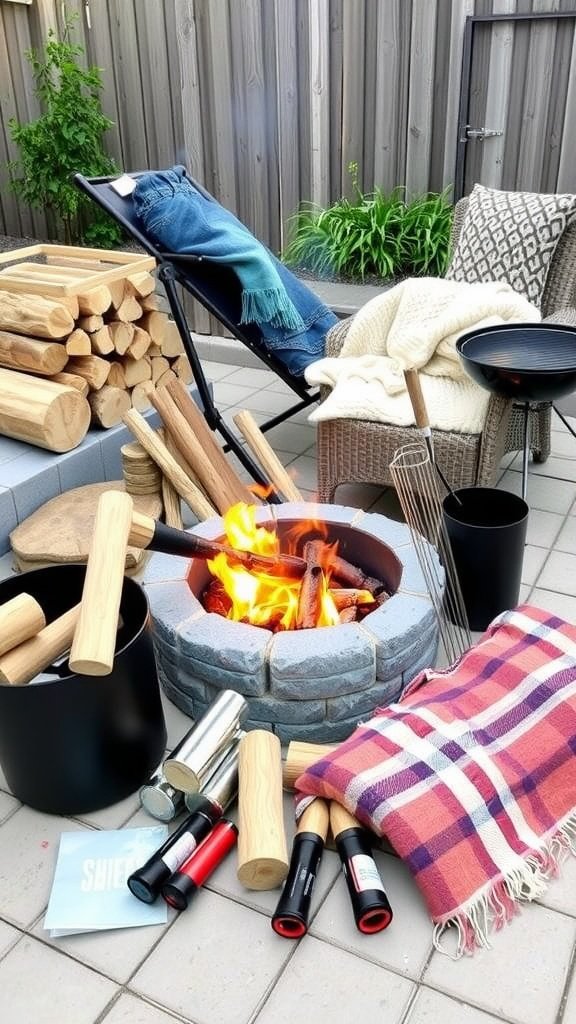 A cozy fire pit setup featuring logs, tools, a blanket, and a comfy chair.