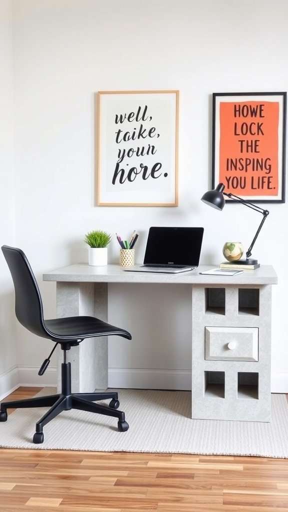 A modern home office with a cinder block desk, black chair, and motivational wall art.