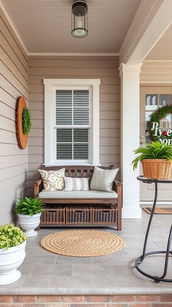 Cozy small front porch with a wooden bench featuring storage baskets, decorative cushions, plants, and a rug.