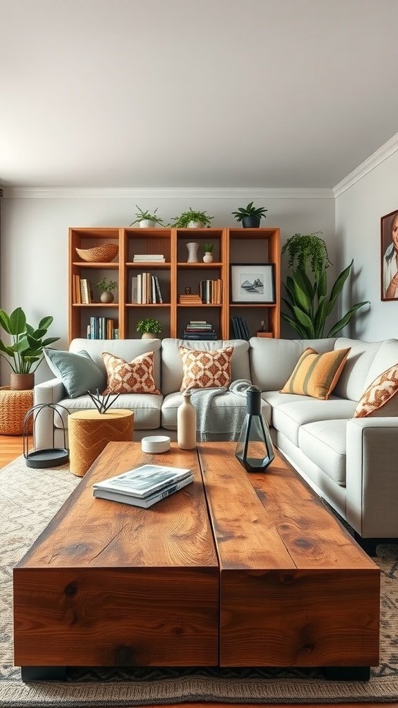 A cozy hygge living room featuring a soft sofa, wooden coffee table, and decorative elements.