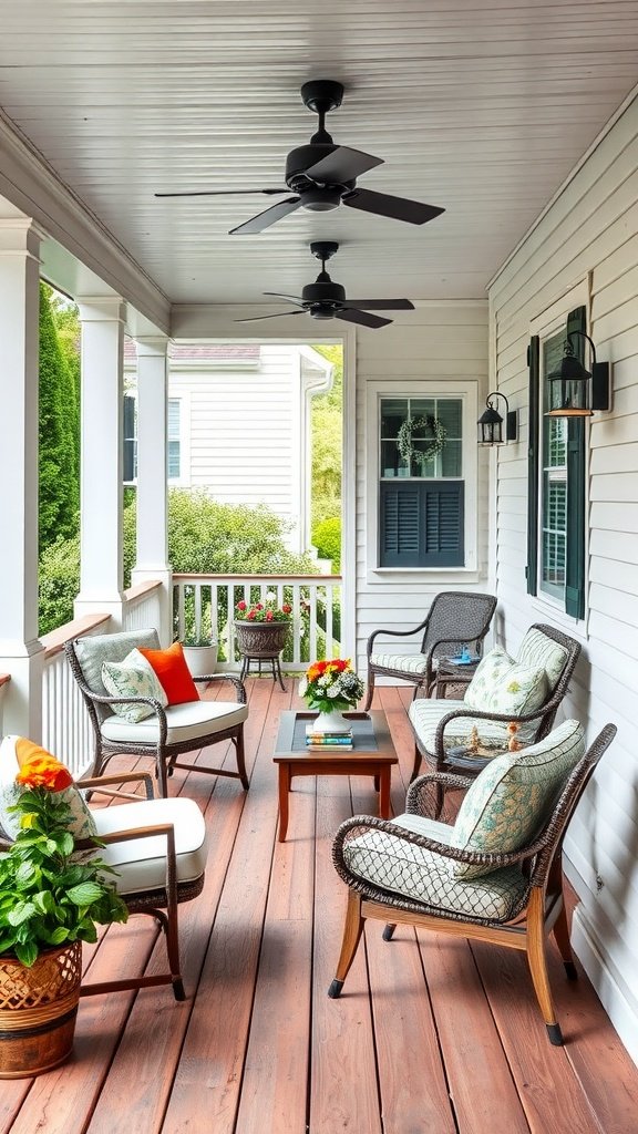 Cozy porch with wicker furniture, potted plants, and ceiling fans.