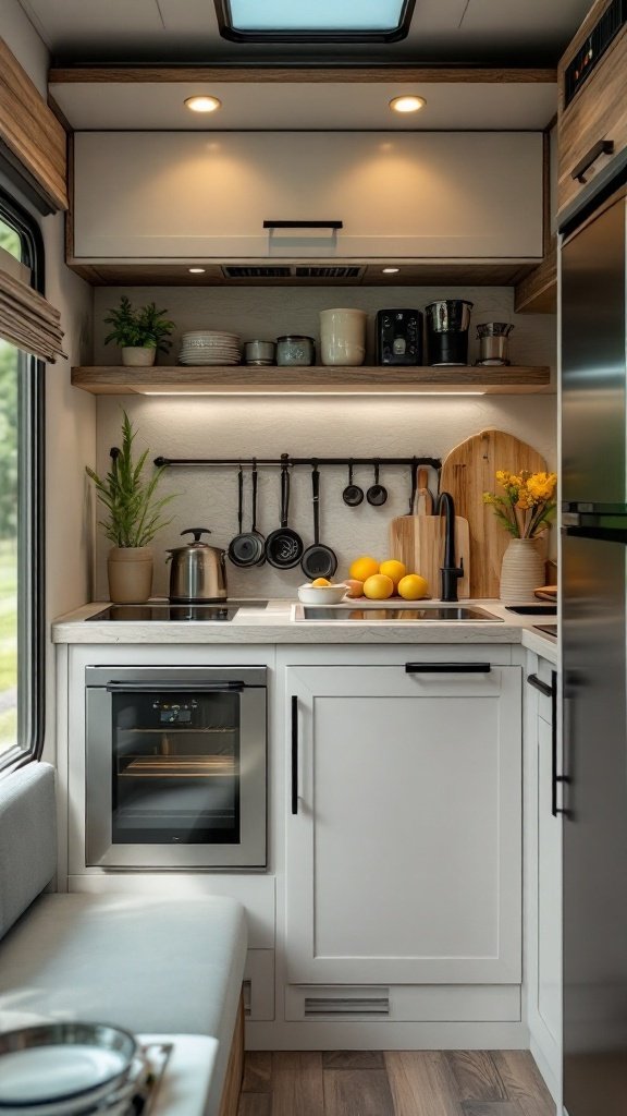 A well-designed compact kitchen in a small camper with light cabinets, open shelves, and bright lighting.