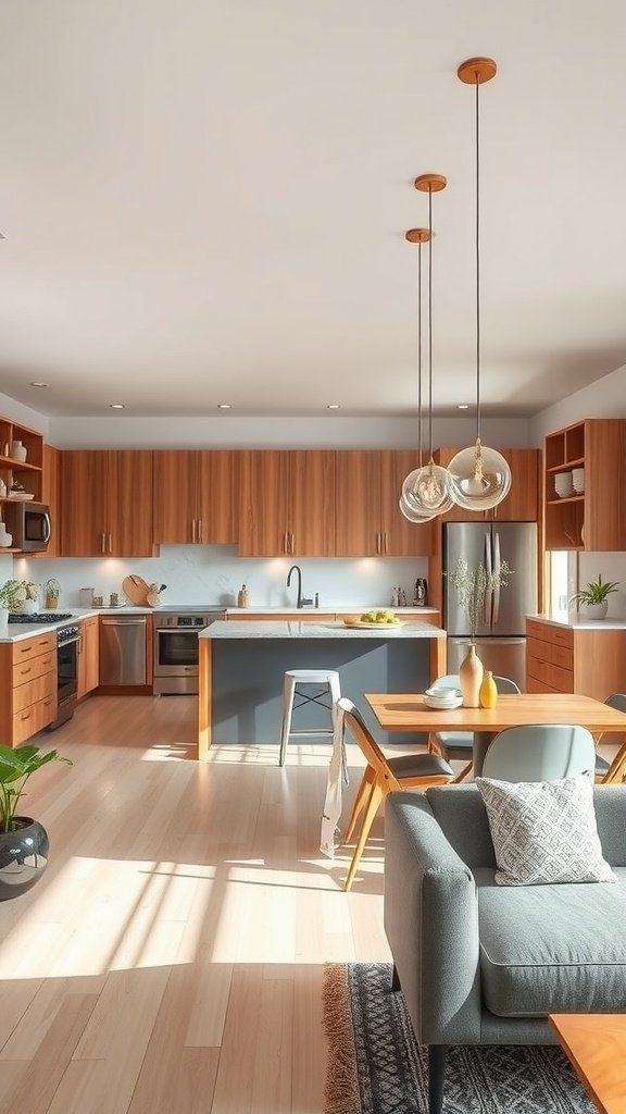 A stylish mid-century modern kitchen featuring wooden cabinetry, marble countertops, and a cozy dining area.