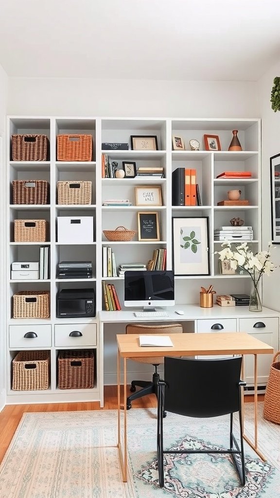 Organized home office with shelving, desk, and storage baskets.