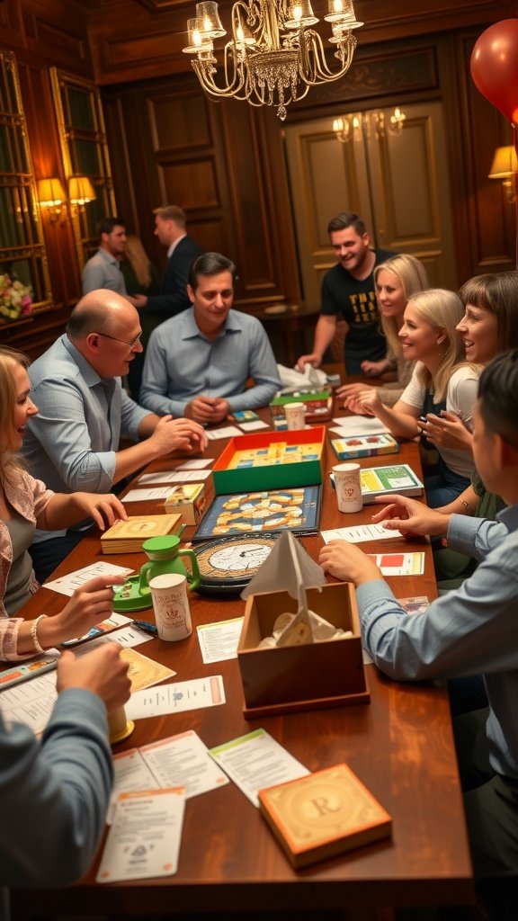 A group of people gathered around a table enjoying various games and activities at a reunion.