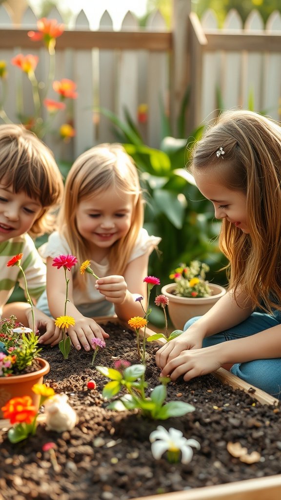 Children planting colorful flowers in a small garden bed, enjoying a fairy garden project.